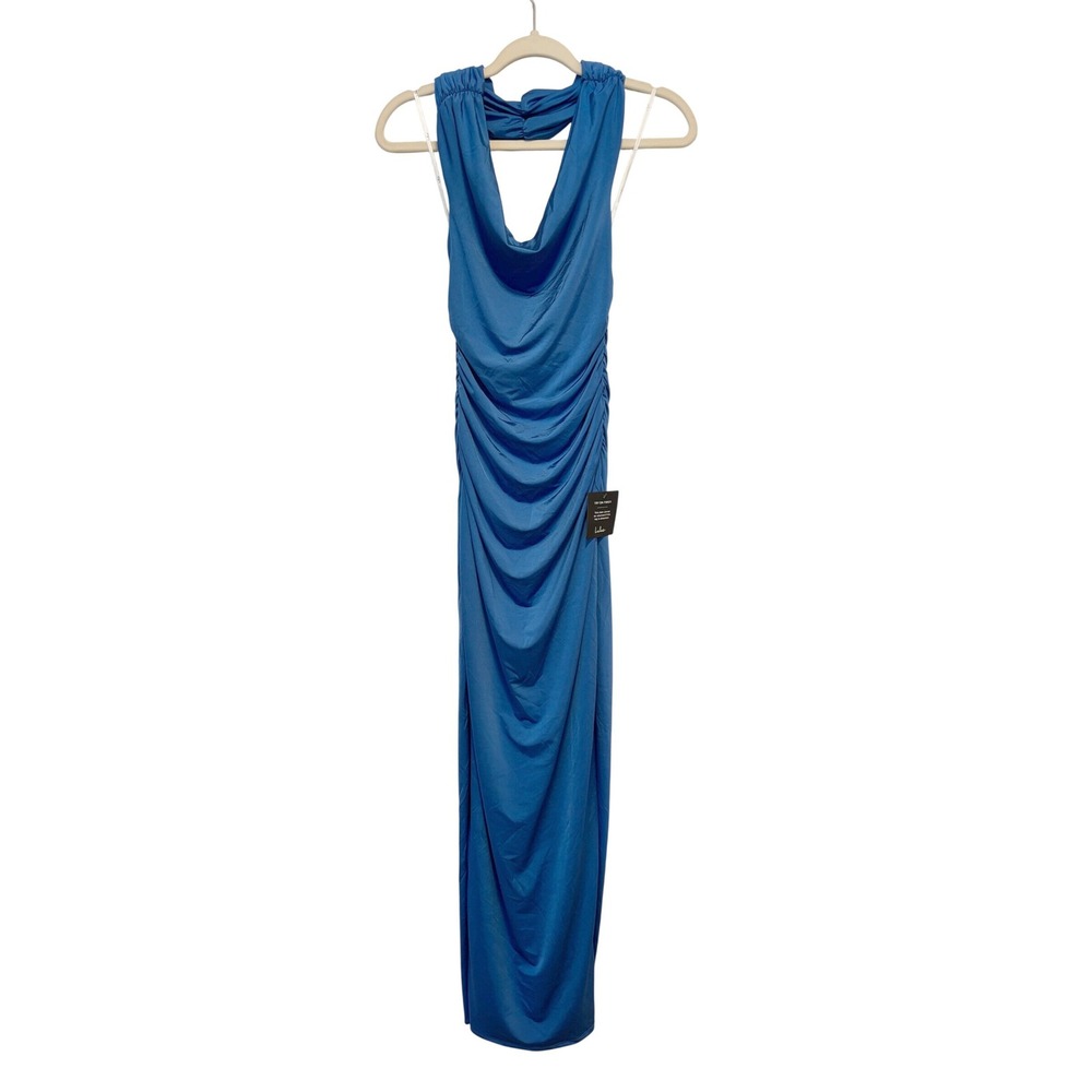 NWT Lulus Royal Blue Cowl Neck Ruched Open Back‎ Halter Maxi Dress Small